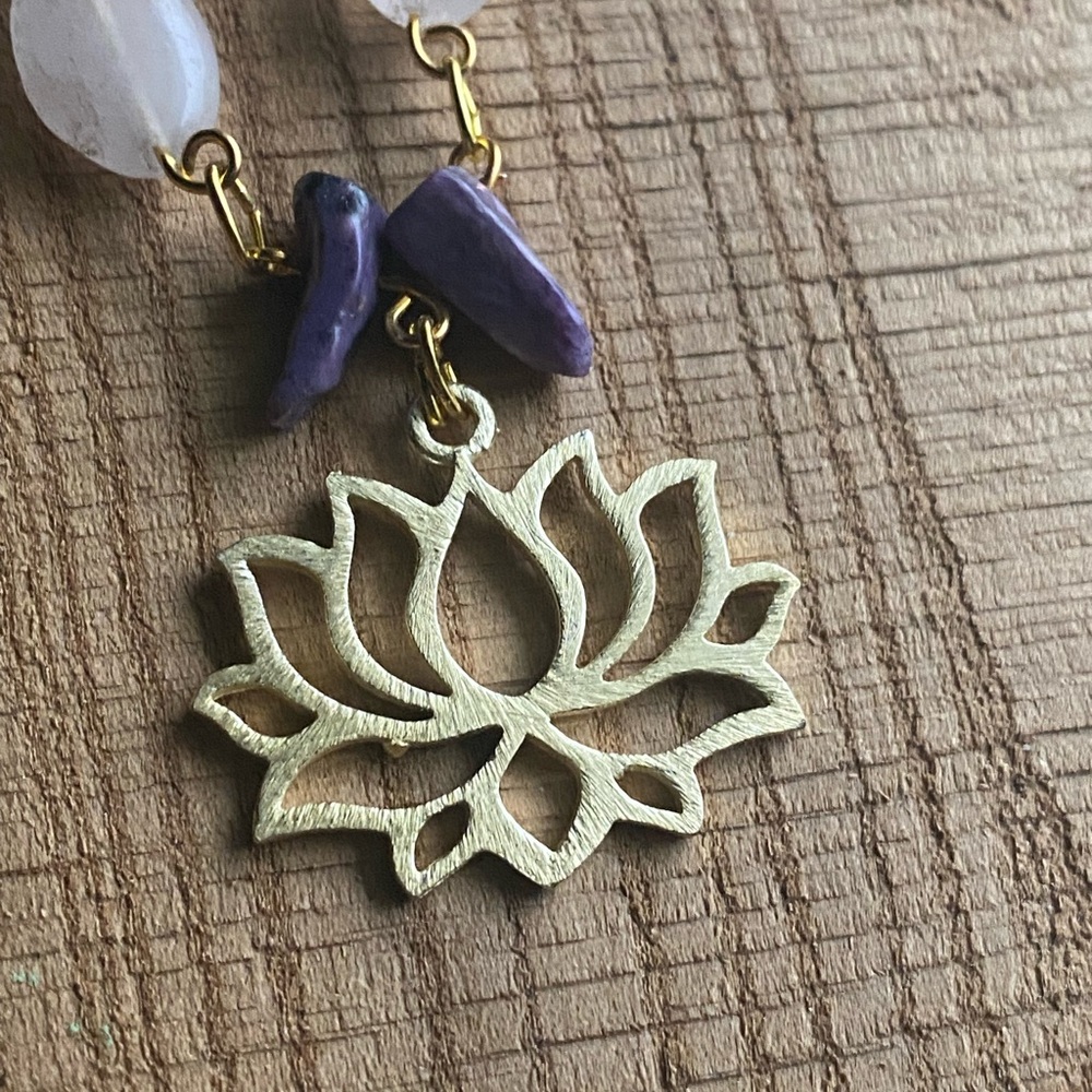 Gold and Purple Lotus Pendant Necklace with Amethyst and Rose Quartz - Picture 5 of 8
